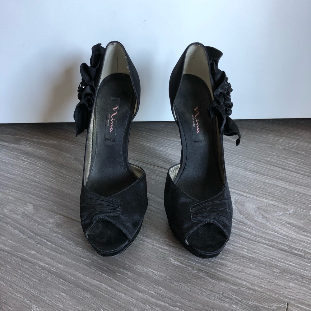 Nina Black Satin Heels with Ruffled/Beaded Accent